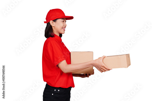 Smiling asian delivery: courier woman delivering boxed package isolated transparent