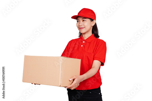 Smiling asian delivery: courier woman delivering boxed package isolated transparent