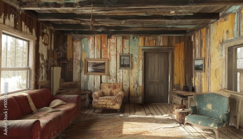 Rustic living room with worn furniture and wood paneling.