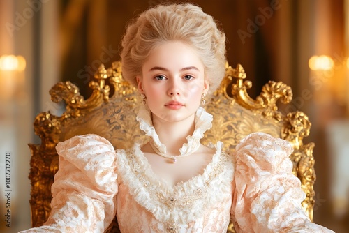 Portrait of a Regal and Aristocratic Woman in Lavish Historical Dress and Ornate Surroundings