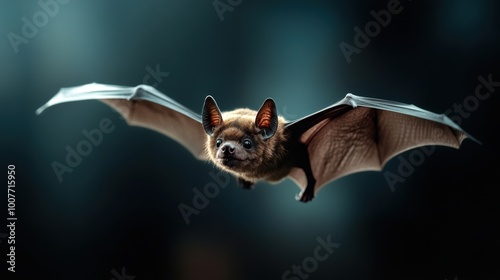 Bat in mid-flight against a blurred background, showcasing its wings and agile movement.