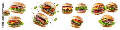 collection Set A Three flying burgers with different fillings on a transparent background cutout, PNG file. Mockup template 