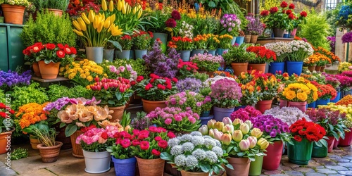 Vibrant blooming flowers of various colors and species fill a bustling wholesale market, with buckets and bouquets on display, surrounded by lush green foliage.