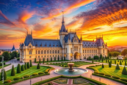 Vibrant sunset casts a warm glow on the historic Palace of Culture's grandiose architecture in Iasi, Romania's cultural and economic hub.