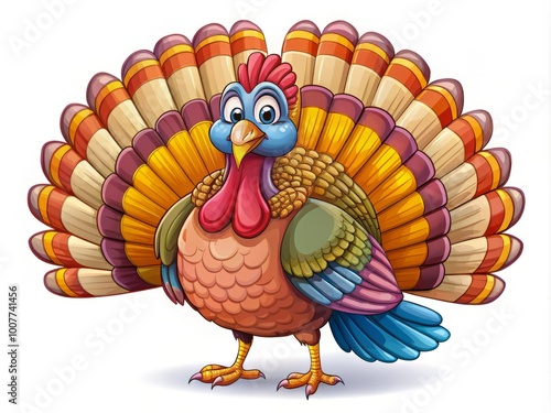 A colorful, cartoonish illustration of a proud, plump turkey with vibrant feathers, standing upright, showcasing its