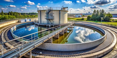 A large, cylindrical clarifier tank with a conical bottom and ladder stands in a modern wastewater treatment plant,