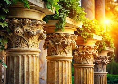 Ancient Greek-inspired stone columns adorned with ornate carvings of leaves and vines, symbolizing spiritual growth and