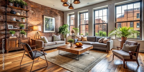 Cozy Brooklyn living room features sleek modern furniture, rich hardwood flooring, and a rustic wooden table amidst