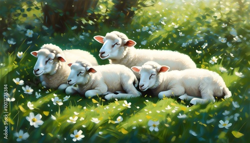 Relaxed white sheep lounging in a serene green grass field