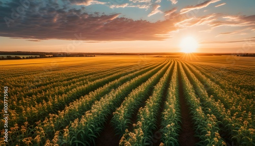 Vibrant field of yellow flowers bathed in warm sunlight, exuding peace and serenity under a clear sky