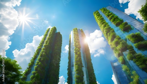 Vertical garden architecture with lush greenery against a clear blue sky and bright sun