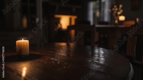 A flickering candle illuminates a dark room, casting shadows on the walls and resting on a wooden table, A power outage, alternative light sources. the absence of electricity.