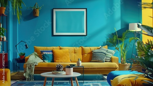 Blue Wall Living Room: Modern Interior Design with Mock-Up Poster Frame, Colorful Decorations, Plants, Sofa, and Coffee Table