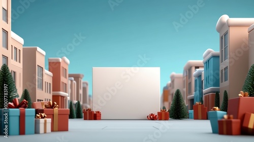 Winter street scene with gifts and a blank canvas for holiday promotions.