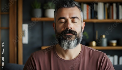 Bearded man meditating peacefully in a cozy home filled with books and plants, embodying tranquility and mindfulness