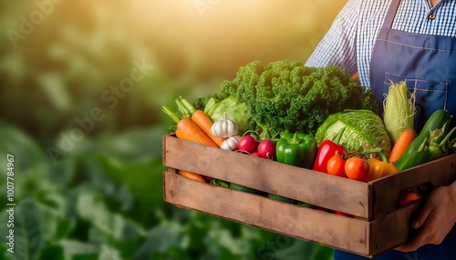 Bountiful harvest of fresh raw vegetables in a wooden box held by a farmer, showcasing vibrant crops like cabbage, carrots, cucumbers, radish, corn, garlic, and peppers.