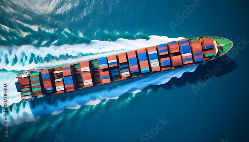 Vibrant cargo ship navigating the blue ocean surrounded by colorful containers, captured in stunning aerial photography for design and print