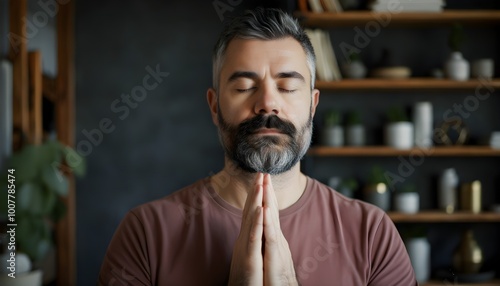 Bearded man meditating peacefully in a cozy home filled with books and plants, embodying tranquility and mindfulness