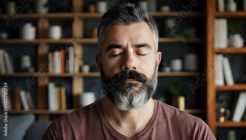 Bearded man meditating peacefully in a cozy home filled with books and plants, embodying tranquility and mindfulness