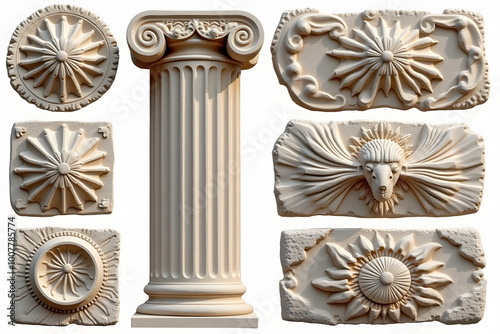 Classical architecture details with ancient Greek column and ornamental reliefs on a white background