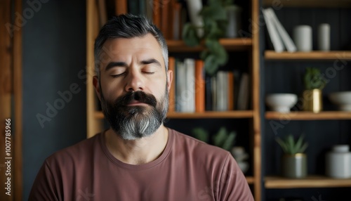 Bearded man meditating peacefully in a cozy home filled with books and plants, embodying tranquility and mindfulness