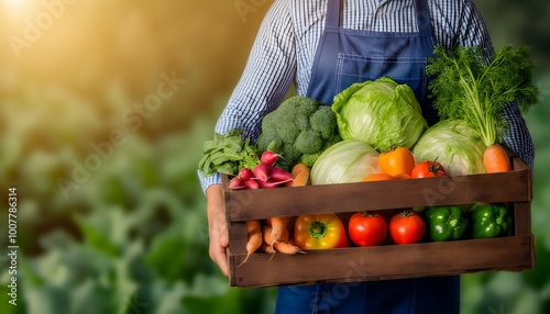 Bountiful harvest of fresh raw vegetables in a wooden box held by a farmer, showcasing vibrant crops like cabbage, carrots, cucumbers, radish, corn, garlic, and peppers.