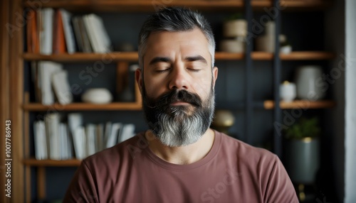 Bearded man meditating peacefully in a cozy home filled with books and plants, embodying tranquility and mindfulness