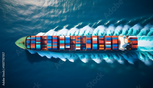 Vibrant cargo ship navigating the blue ocean surrounded by colorful containers, captured in stunning aerial photography for design and print