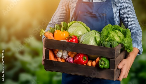 Bountiful harvest of fresh raw vegetables in a wooden box held by a farmer, showcasing vibrant crops like cabbage, carrots, cucumbers, radish, corn, garlic, and peppers.