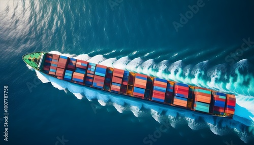 Vibrant cargo ship navigating the blue ocean surrounded by colorful containers, captured in stunning aerial photography for design and print