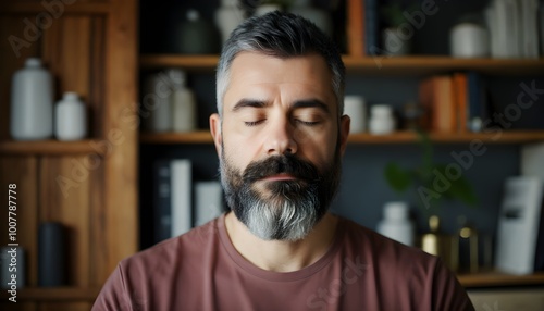 Bearded man meditating peacefully in a cozy home filled with books and plants, embodying tranquility and mindfulness