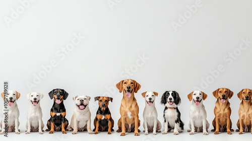 Multiple dogs of different breeds sitting in a row on a white background