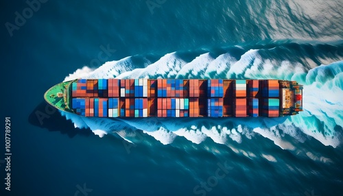 Vibrant cargo ship navigating the blue ocean surrounded by colorful containers, captured in stunning aerial photography for design and print