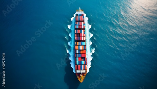 Vibrant cargo ship navigating the blue ocean surrounded by colorful containers, captured in stunning aerial photography for design and print