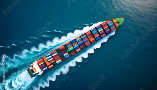 Vibrant cargo ship navigating the blue ocean surrounded by colorful containers, captured in stunning aerial photography for design and print