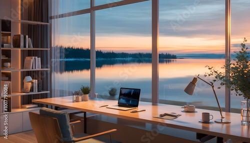 Tranquil Modern Home Office with Scenic Sunset Lake View and Sleek Desk Setup