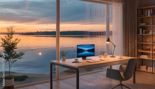 Tranquil Modern Home Office with Scenic Sunset Lake View and Sleek Desk Setup