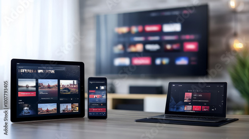 Digital media streaming on multiple devices, including a smartphone, tablet, and smart TV, all synchronized for a seamless experience