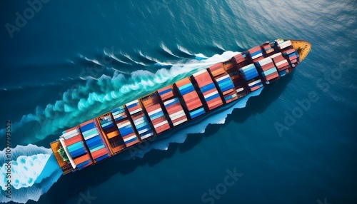 Vibrant cargo ship navigating the blue ocean surrounded by colorful containers, captured in stunning aerial photography for design and print