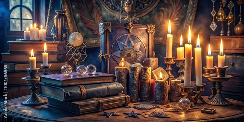 Mysterious, ornate altar adorned with crystals, tarot cards, and candles amidst a backdrop of ancient, leather-bound