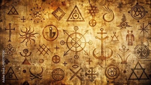 Mystical arrangement of ancient symbols, cryptic glyphs, and obscure talismans on a worn, distressed background,