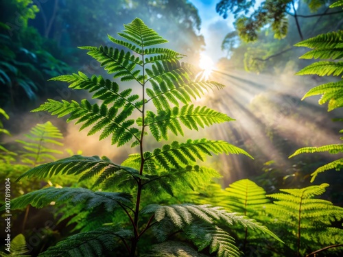 Vibrant morning sunlight filters through delicate Lygodium microphyllum fern leaves, creating a serene atmosphere in a