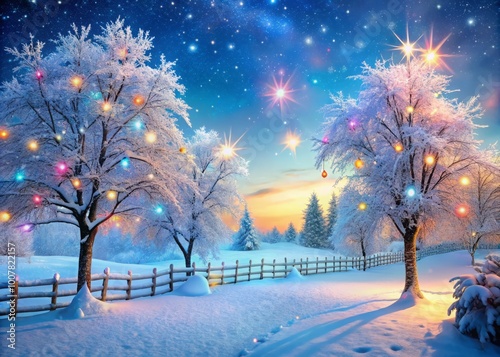 Vibrant snowflakes gently fall upon a whimsical winter wonderland scene, featuring icy trees, frosty fences, and a