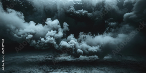 Dark underwater scene with dramatic cloud-like formations rising from the ocean floor.