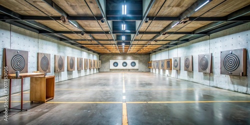 Shooting range with target riddled by bullets for training practice or competition, gun, bullets, shooting