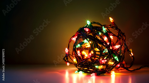 A string of Christmas lights tangled into a ball, glowing brightly