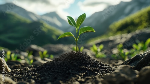 Young plant sprouting from the soil, representing growth and new beginnings. 3D render, hyper realistic photo for magazine