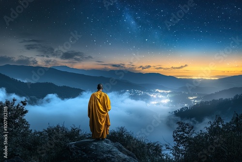 abbot monk standing on a mountain peak at night