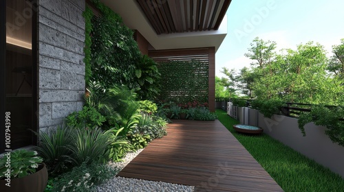 Modern balcony design with greenery, wooden deck, and natural light. Perfect for relaxation and outdoor living.