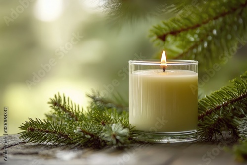 A Lit Candle Surrounded by Evergreen Branches on a Wooden Surface